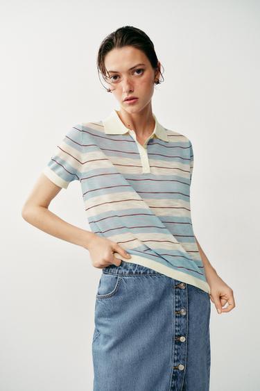 STRIPED KNIT POLO SHIRT - Ecru / Blue by Zara