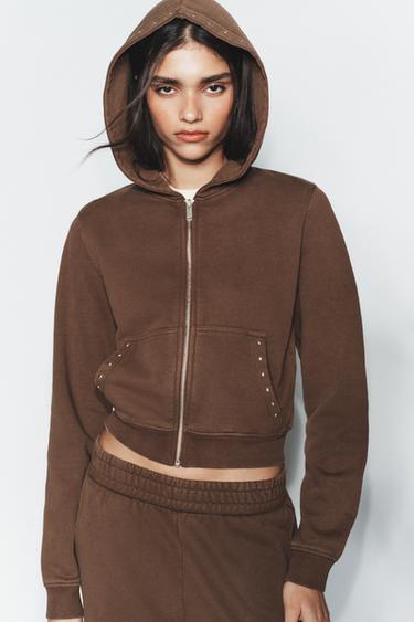 PLUSH HOODIE WITH STUDS - Dark brown by Zara
