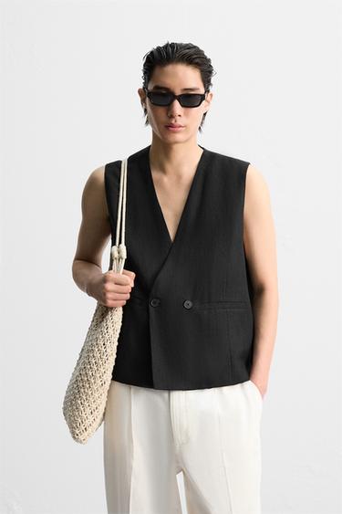 DOUBLE-BREASTED 100% LINEN WAISTCOAT - Black by Zara