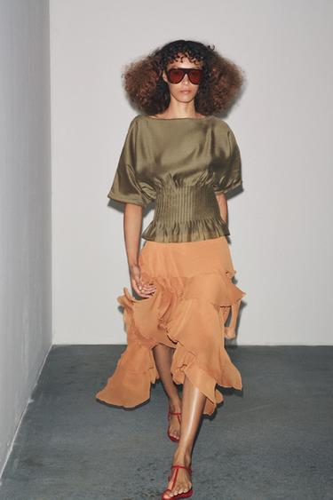 PLEATED WAIST COMBINED KNIT BLOUSE - Dark khaki by Zara
