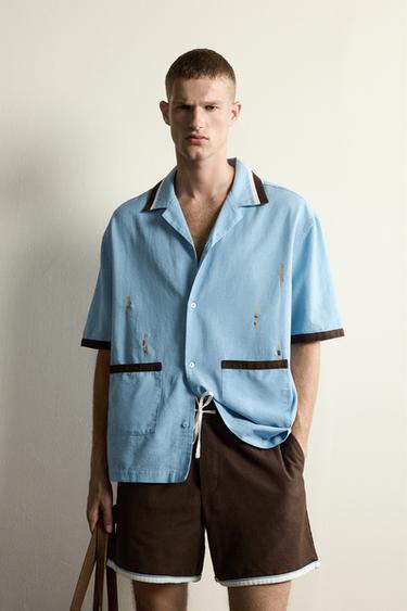 RELAXED FIT RACERBACK EMBROIDERY SHIRT - Sky blue by Zara
