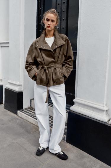 BELTED FAUX SUEDE JACKET - Dark mink by Zara