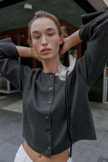 FLORAL RIBBED CARDIGAN - Grey by Zara