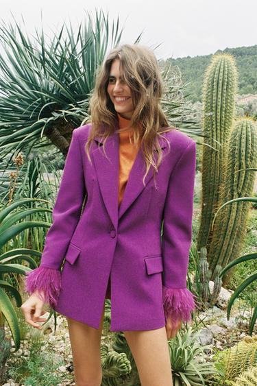 BLAZER WITH FEATHER CUFFS AND SHOULDER PADS - Purple by Zara