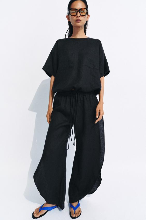 ZW COLLECTION 100% LINEN LACE-UP TOP - Black by Zara - Image 0