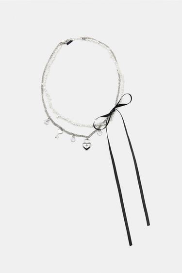 DOUBLE FAUX PEARL AND CHARM NECKLACE - Silver by Zara