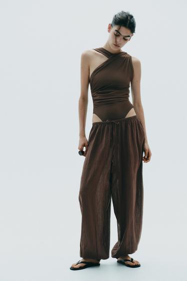 DRAPED ASYMMETRIC TULLE BODYSUIT - Dark brown by Zara