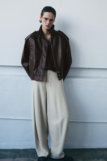 100% LEATHER BOMBER JACKET ZW COLLECTION LIMITED EDITION - Burgundy by Zara