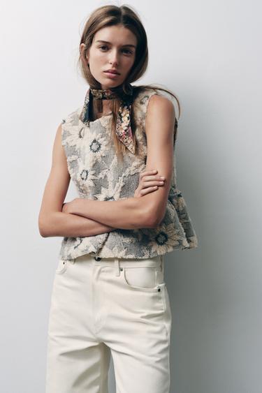 FLORAL TEXTURED PEPLUM TOP - Ecru / Black by Zara