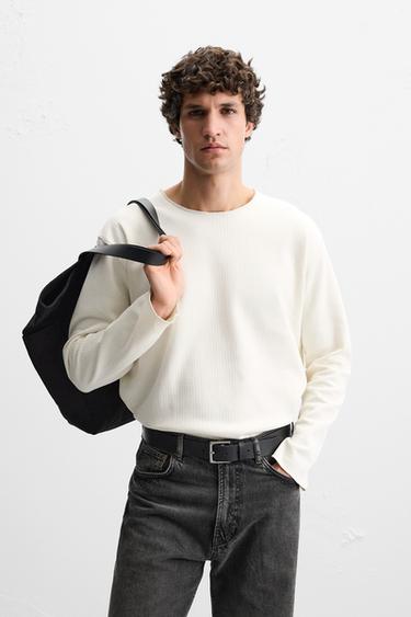 RIBBED TEXTURED T-SHIRT - Oyster-white by Zara