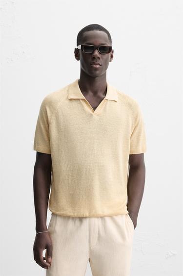 100% LINEN KNIT POLO SHIRT - Pastel yellow by Zara