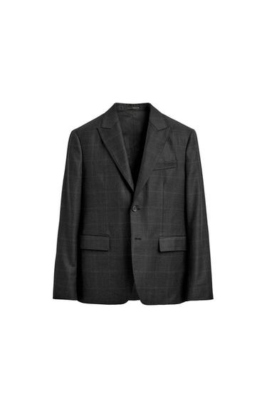 100% WOOL CHECK SUIT BLAZER - Dark grey marl by Zara