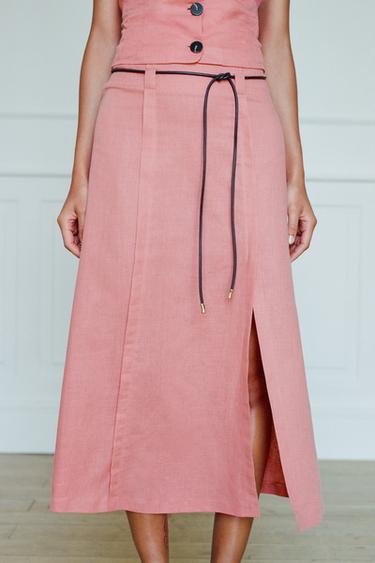 LINEN BLEND MIDI SKIRT WITH BELT - MARSALA by Zara