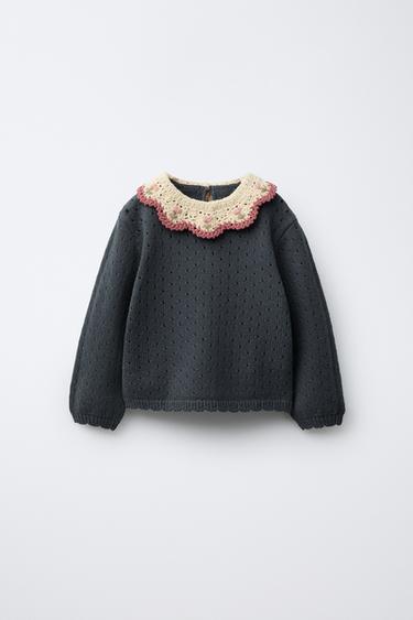 KNIT SWEATER WITH CROCHET COLLAR - Mid-blue by Zara - Image 0