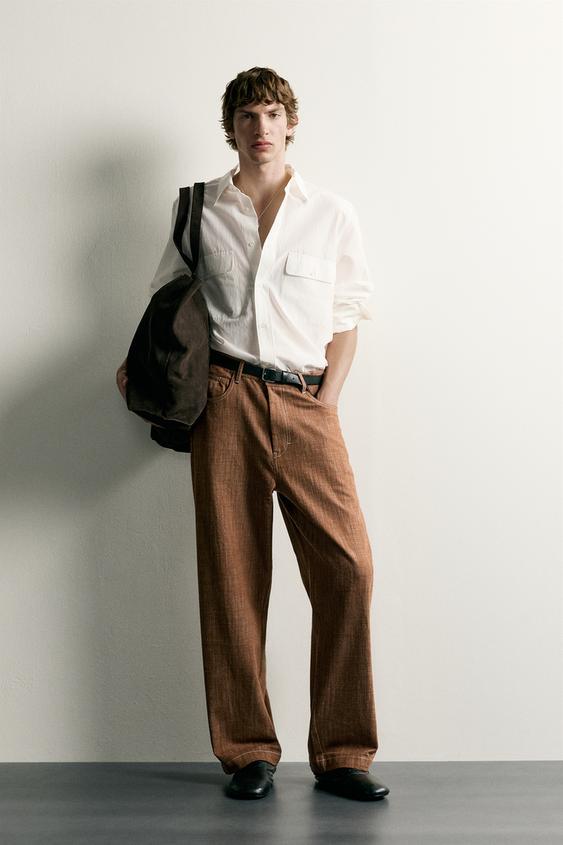 RELAXED FIT TOPSTITCHED TROUSERS - dark russet by Zara - Image 0