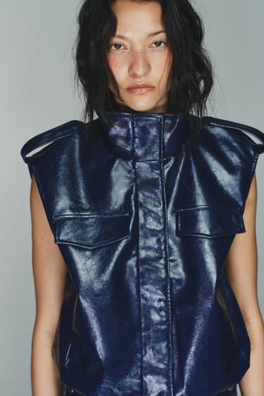 LEATHER EFFECT WAISTCOAT WITH TABS - Blue by Zara