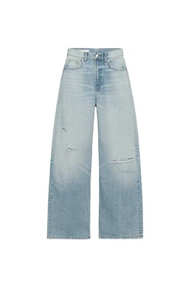 TRF EXTRA WIDE-LEG HIGH-WAIST RIPPED JEANS - Light blue by Zara