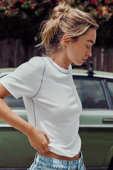 SHORT SLEEVE KNIT TOP WITH PIPING - White / Navy by Zara