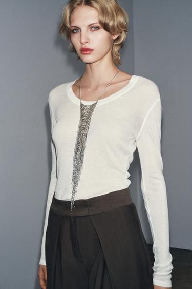 LONG SLEEVE T-SHIRT - Oyster-white by Zara