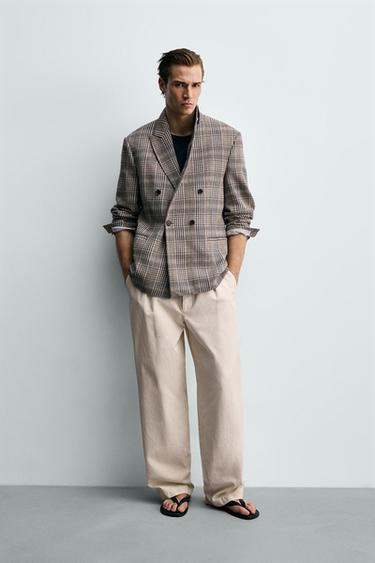 DOUBLE-BREASTED CHECK BLAZER - camel by Zara
