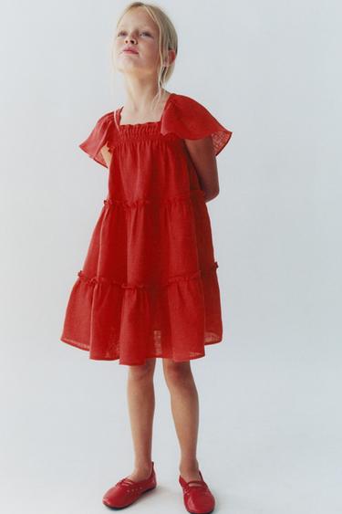 LINEN DRESS WITH RUFFLES - Red by Zara