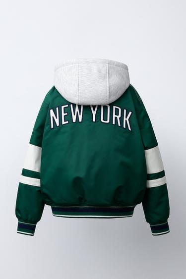 NYLON BOMBER JACKET WITH REMOVABLE HOODIE AND TEXT - Green by Zara