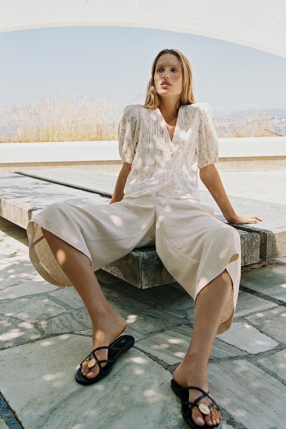 LONG LINEN BLEND LACE TRIM BERMUDA SHORTS - Ecru by Zara - Image 0