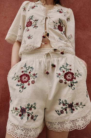 EMBROIDERED FLORAL SHORTS - Ecru by Zara