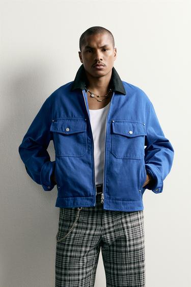 CROPPED FIT CONTRAST COLLAR JACKET - Bluish by Zara