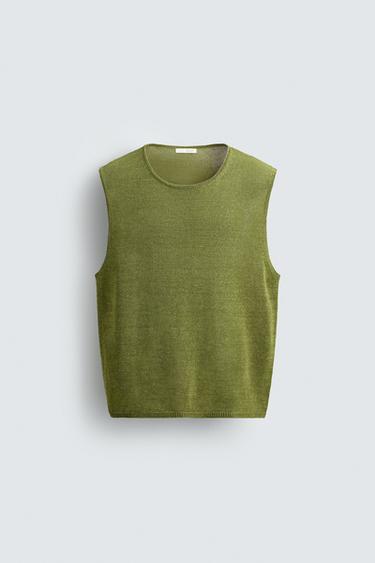 LINEN BLEND KNIT VEST - Olive green by Zara