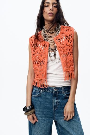 FRINGED KNIT VEST - Orange by Zara