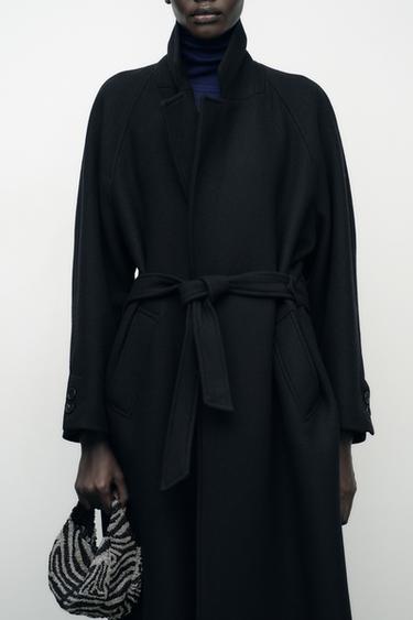 LONG WOOL BELTED COAT - Black by Zara