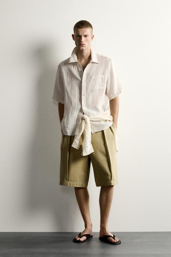 100% LINEN STRIPED JACQUARD SHIRT - Beige by Zara - Image 0