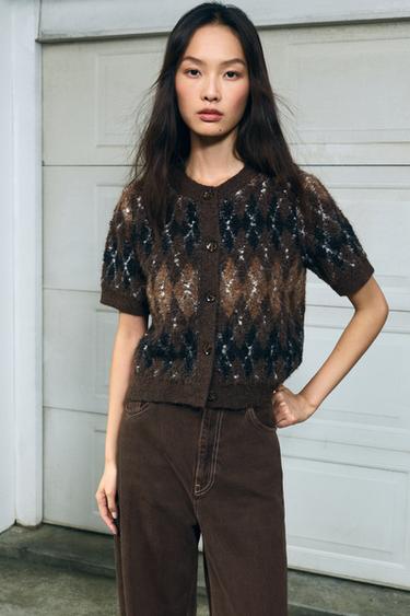 ARGYLE KNIT SHORT SLEEVE CARDIGAN - Brown by Zara