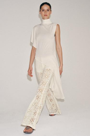 ZW COLLECTION EMBROIDERED FLARE TROUSERS - Ecru by Zara