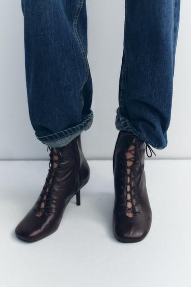 LEATHER LACE-UP HEELED ANKLE BOOTS - Brown by Zara - Image 0