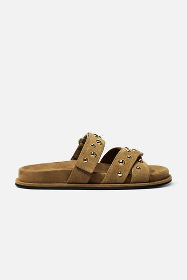 SPLIT SUEDE STUDDED SANDALS - Dark tan by Zara