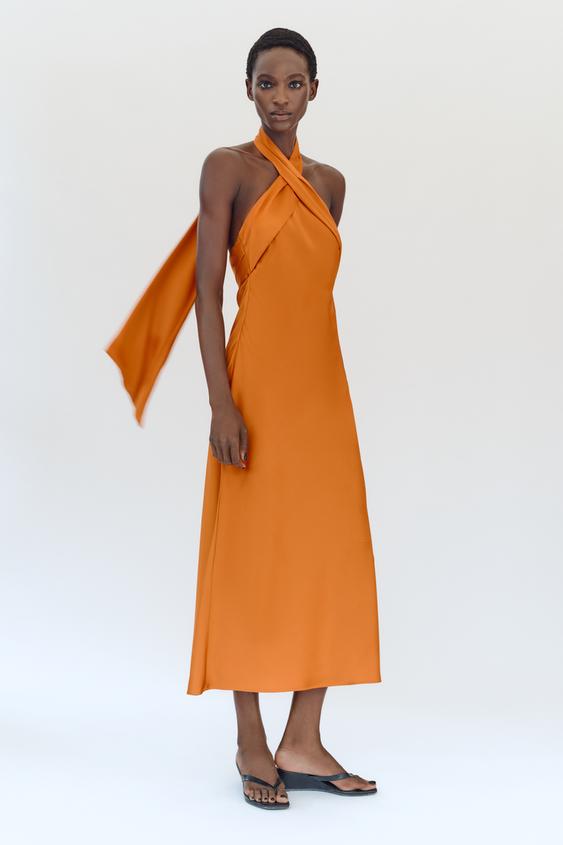 SATIN HALTER MIDI DRESS - Orange by Zara - Image 0