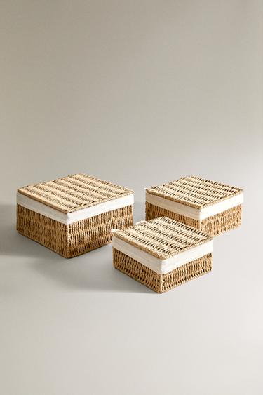 BASKET WITH LID AND COTTON LINING - Light beige by Zara