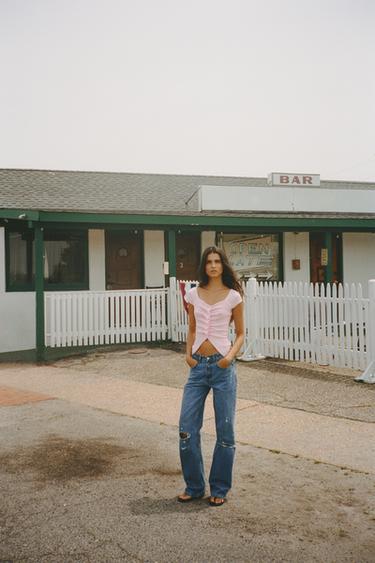 TRF RIPPED WIDE-LEG MID-WAIST JEANS - Navy blue by Zara