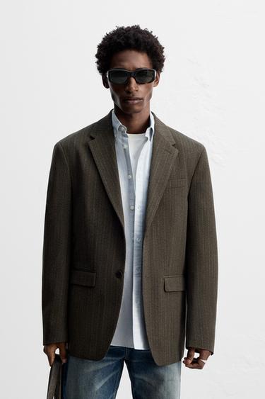 STRIPED TEXTURED BLAZER - Brown / Green by Zara