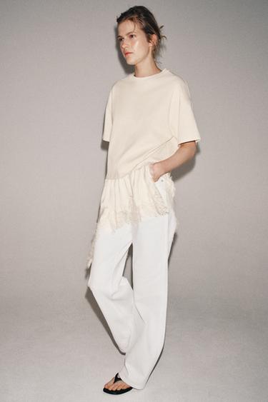 T-SHIRT WITH LACE DETAIL - Ecru by Zara