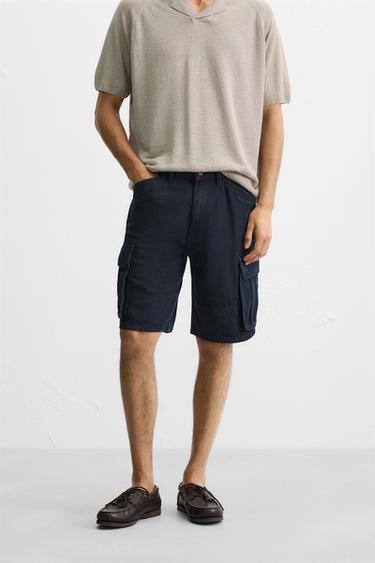 COTTON-LYOCELL CARGO BERMUDA SHORTS - Dark navy by Zara