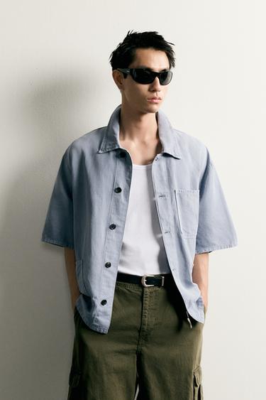 WASHED COTTON/LINEN OVERSHIRT - Sky blue by Zara