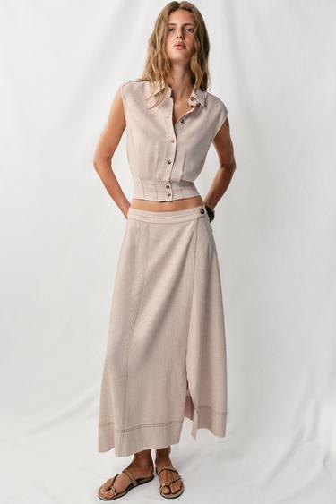 LINEN BLEND TOP WITH TOPSTITCHING - Light beige by Zara