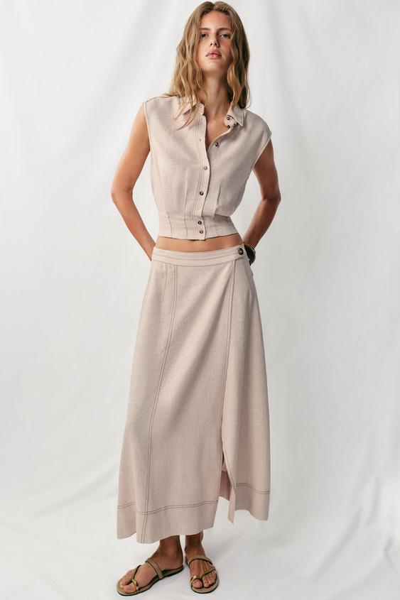 LINEN BLEND TOP WITH TOPSTITCHING - Light beige by Zara - Image 0
