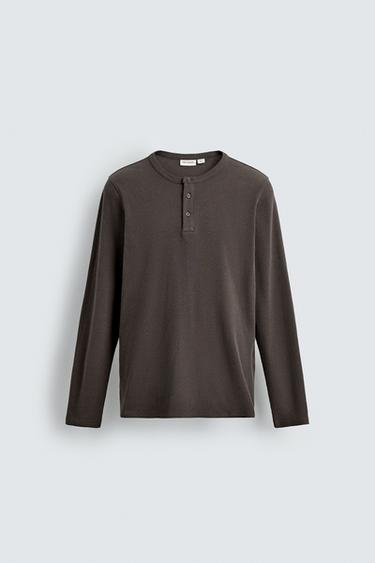 COTTON - HEMP GRANDAD COLLAR T-SHIRT - Earth by Zara