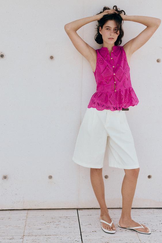 CUTWORK EMBROIDERY PEPLUM TOP - Fuchsia by Zara - Image 0