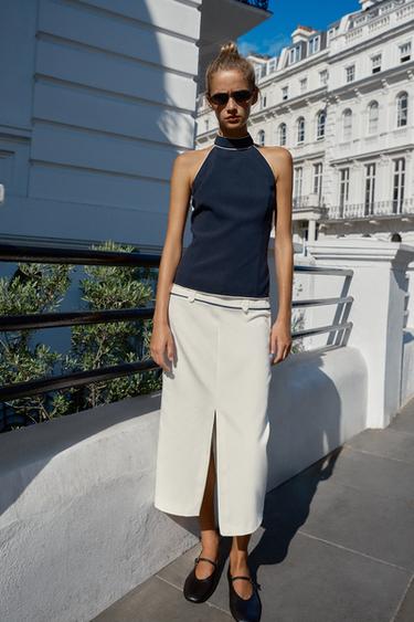 MIDI SKIRT WITH BELT AND CONTRAST PIPING - Oyster-white by Zara