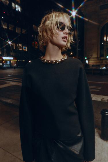 KNIT JUMPER WITH BEADED NECKLINE - Black by Zara